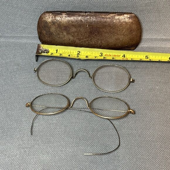 Lot 2 Antique 1900s Eyeglasses Gold Round Wire Frame Spectacles w/Case Edwardian - Picture 2 of 15